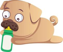 Pug with milk, illustration, vector on white background.