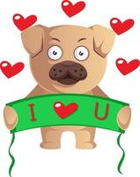 Pug in love, illustration, vector on white background.