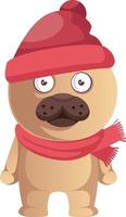 Pug with scarf and hat, illustration, vector on white background.