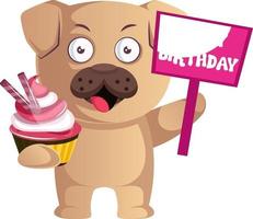 Pug with cake, illustration, vector on white background.