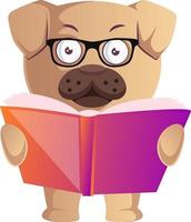 Pug with book, illustration, vector on white background.