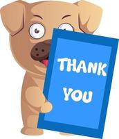 Pug with thank you note, illustration, vector on white background.