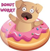 Pug with donut, illustration, vector on white background.