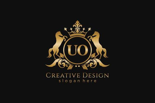 initial UO Retro golden crest with circle and two horses, badge template with scrolls and royal crown - perfect for luxurious branding projects vector