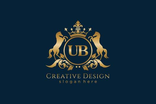 initial UB Retro golden crest with circle and two horses, badge template with scrolls and royal crown - perfect for luxurious branding projects vector