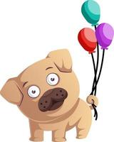 Pug with balloons, illustration, vector on white background.