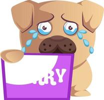 Pug with sorry sign, illustration, vector on white background.