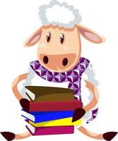 Sheep with books, illustration, vector on white background.