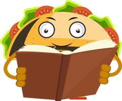 Taco reading book, illustration, vector on white background.