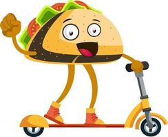 Taco on yellow scooter, illustration, vector on white background.