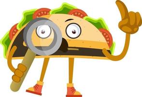 Taco with magnifying glass, illustration, vector on white background.