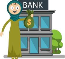 Woman with money in bank, illustration, vector on white background.