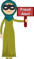 Woman with fraud alert sign, illustration, vector on white background.