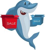 Shark with sale boxes, illustration, vector on white background.