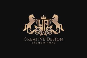 initial WP Retro golden crest with shield and two horses, badge template with scrolls and royal crown - perfect for luxurious branding projects vector