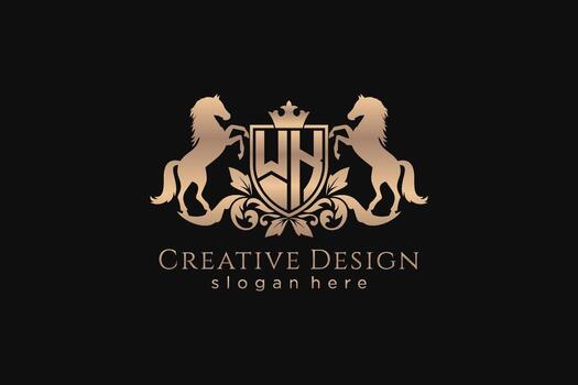 initial WK Retro golden crest with shield and two horses, badge template with scrolls and royal crown - perfect for luxurious branding projects vector