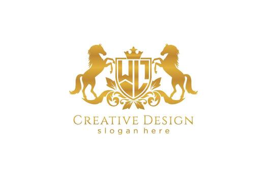 initial WL Retro golden crest with shield and two horses, badge template with scrolls and royal crown - perfect for luxurious branding projects vector