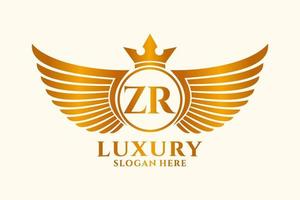 carta de ala real de lujo zr cresta vector de logotipo de color dorado, logotipo de victoria, logotipo de cresta, logotipo de ala, plantilla de logotipo vectorial.