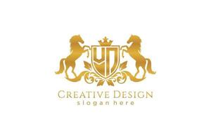 initial VN Retro golden crest with shield and two horses, badge template with scrolls and royal crown - perfect for luxurious branding projects vector