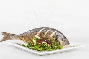 Dorada fish with salad on the white plate. Studio shot photo