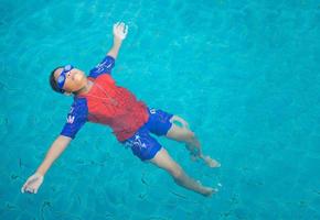 boy wearing a swimsuit and glasses swimming in the middle of the pool with a blue water background photo