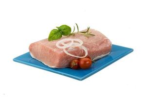 Raw pork with onion, basil and rosemary photo