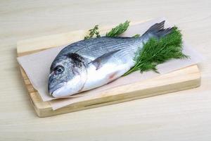 Raw dorado on wooden board and wooden background photo