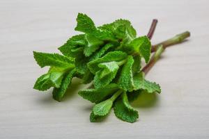 Mint leaves on wooden background photo