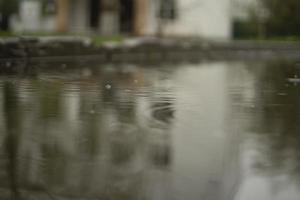 Rain outside. Large puddle in yard. Wet weather. Surface of puddle. photo