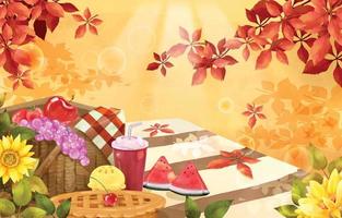 Autumn Picnic with Basket of Fruit and Food in Watercolor vector