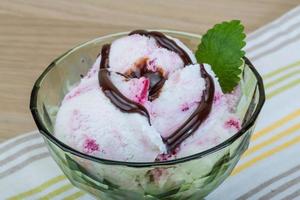 Ice cream with choco and mint leaves photo