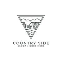 Country side outline logo design vector with triangle shape. line art with cabins in agriculture landscape vector illustration