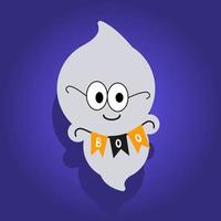 Flying ghost spirit holding bunting flag Boo. Happy Halloween. Scary white ghosts. Cute cartoon spooky character. vector