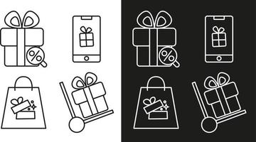 iconos de compras. caja de regalo. descuento de producto compra por teléfono. iconos vectoriales fondo blanco y negro. contorno vector