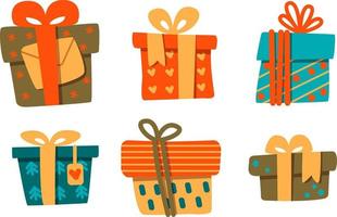 Large set with colorful gifts. Present box icons in flat style, can be used for cards for new year or birthday. Vector illustration.