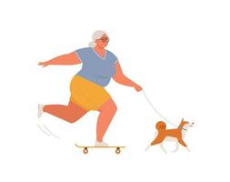 anciana montando patineta o longboard con perro. actividades deportivas recreativas y saludables para la abuela. ilustración vectorial de dibujos animados plana. vector