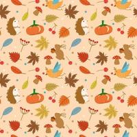 Vector - Abstract seamless pattern of autumn, Fall concept. Pumpkin, maple leaves, bird, mushroom, cherry, bunny, porcupine. Can be use for print, fabric, card, wrapping, backdrop. wallpaper