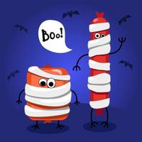 Funny mummy sausages. Vector illustration in cartoon style. Element for poster, flyer. Halloween.