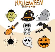 Halloween set. Doodle set with stylized pumpkins, bats, crow and candles vector