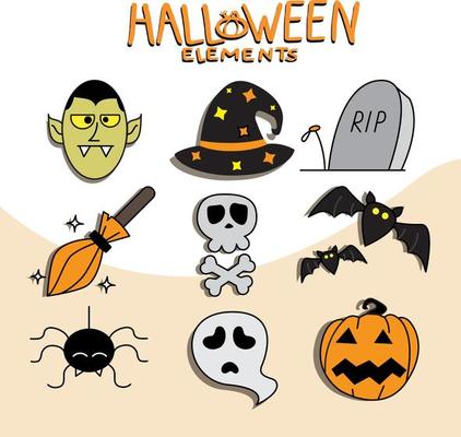 Halloween set. Doodle set with stylized pumpkins, bats, crow and candles