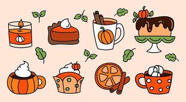 Set of seasonal pumpkin spices, pie, latte, food and drink hand drawn vector illustration. Collection of autumn sweet cake or pastries, hot drinks, fruit tea, cappuccino