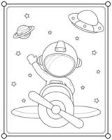 Cute astronaut riding a plane into space suitable for children's coloring page vector illustration