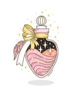 Hand drawn bottle with magic potion in fantasy style on white background. Doodle vector illustration of vial with occult objects like swirl liquid, feather and ribbon tied tag