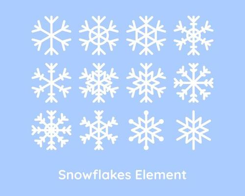 set of white snowflakes element isolated on blue background