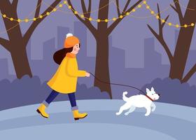A girl walks in the winter christmas park with a white dog. A woman in yellow coat walks through the snowy public park. Vector flat illustration.