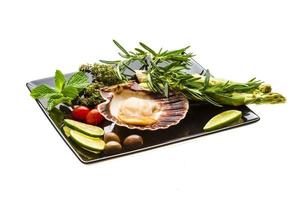 Scallop with asparagus, lime, mint and rosemary photo