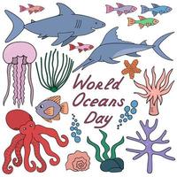 criaturas del mar. colección de ilustraciones de vectores de color. habitantes del océano. mundo submarino. tiburón, arrecife, medusa. estilo de dibujos animados fondo aislado. idea para el diseño web.