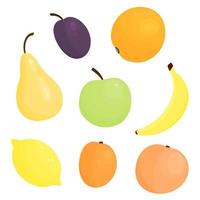 Set of cartoon fruits isolated on white background. Plum banana peach apricot orange lemon apple. Vector illustration