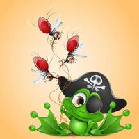 Funny cute cartoon frog in Halloween pirate cap with mosquito scull sign, eye patch and with mosquitos balloons vector