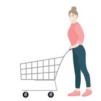 chica con un carrito de compras vacío, vector plano, aislado en blanco, comprador, consumidor